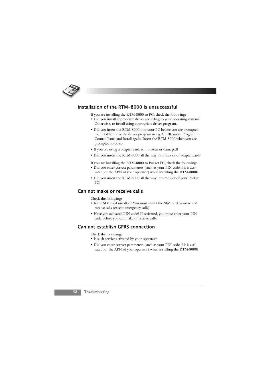 Installation of the rtm-8000 is unsuccessful, Can not make or receive calls, Can not establish gprs connection | Keys Fitness GSM/GPRS Compact Flash Card RTM-8000 User Manual | Page 108 / 112