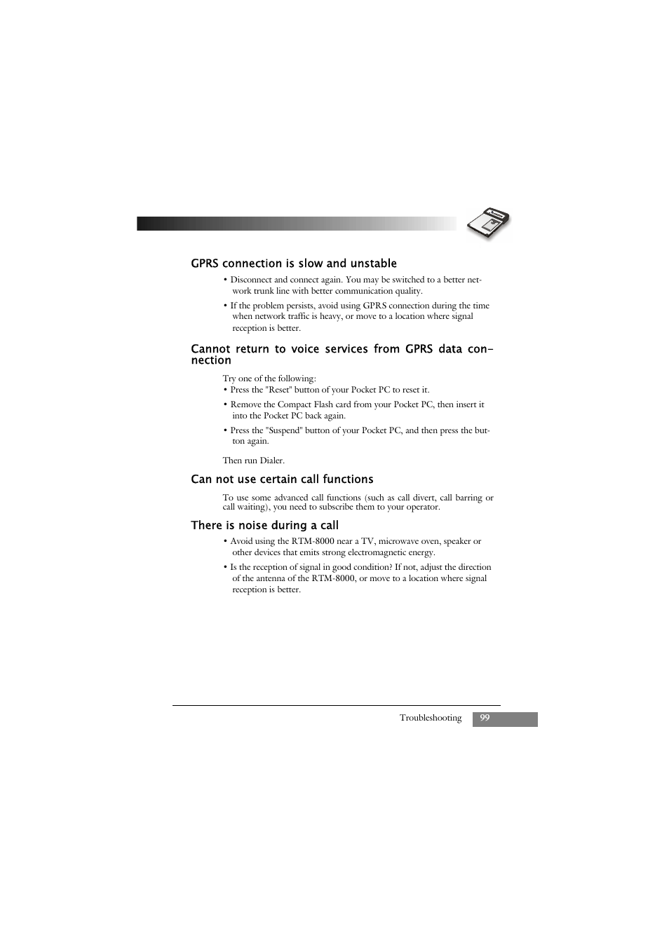 Gprs connection is slow and unstable, Can not use certain call functions, There is noise during a call | Keys Fitness GSM/GPRS Compact Flash Card RTM-8000 User Manual | Page 109 / 112