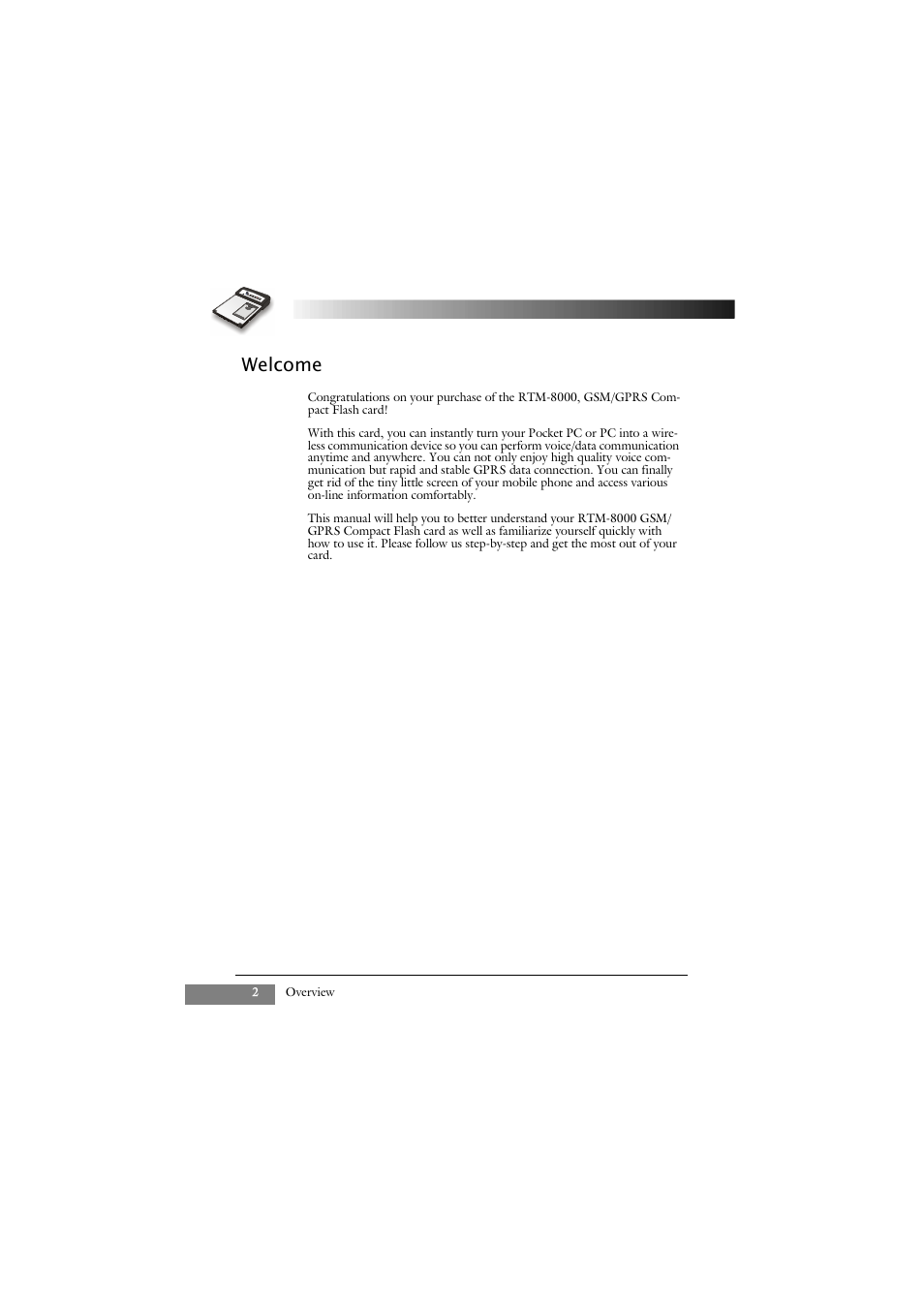 Welcome | Keys Fitness GSM/GPRS Compact Flash Card RTM-8000 User Manual | Page 12 / 112