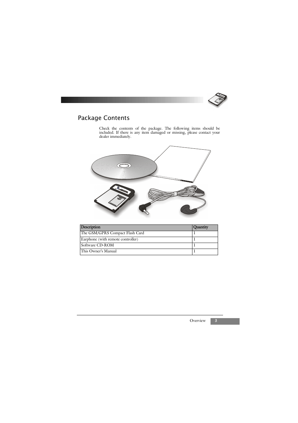 Package contents | Keys Fitness GSM/GPRS Compact Flash Card RTM-8000 User Manual | Page 13 / 112
