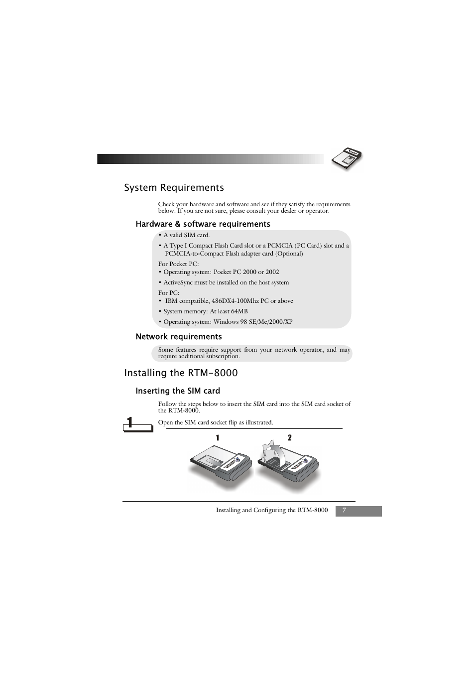 System requirements, Hardware & software requirements, Network requirements | Installing the rtm-8000, Inserting the sim card | Keys Fitness GSM/GPRS Compact Flash Card RTM-8000 User Manual | Page 17 / 112