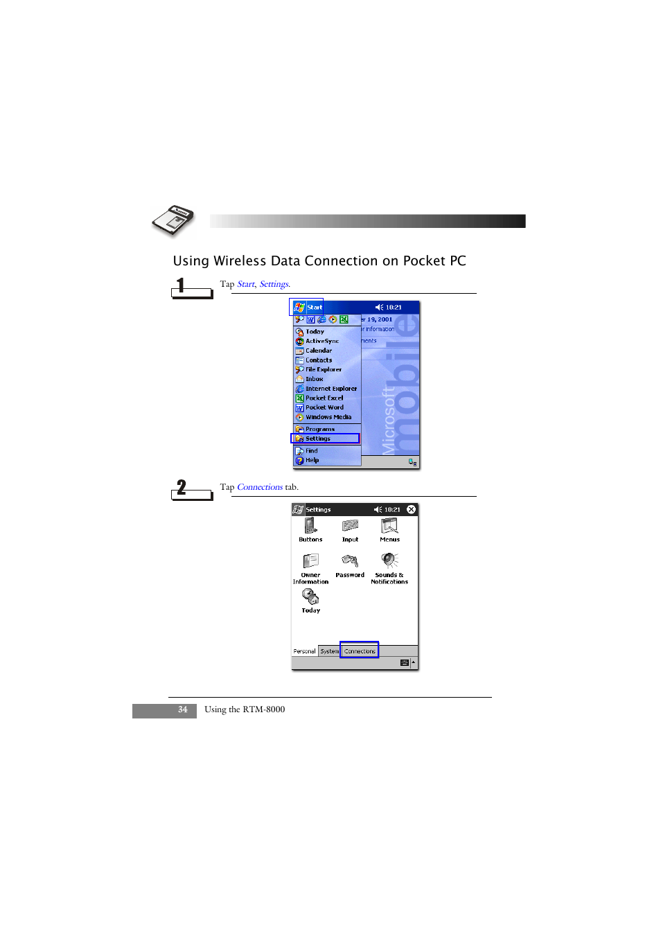 Using wireless data connection on pocket pc | Keys Fitness GSM/GPRS Compact Flash Card RTM-8000 User Manual | Page 44 / 112