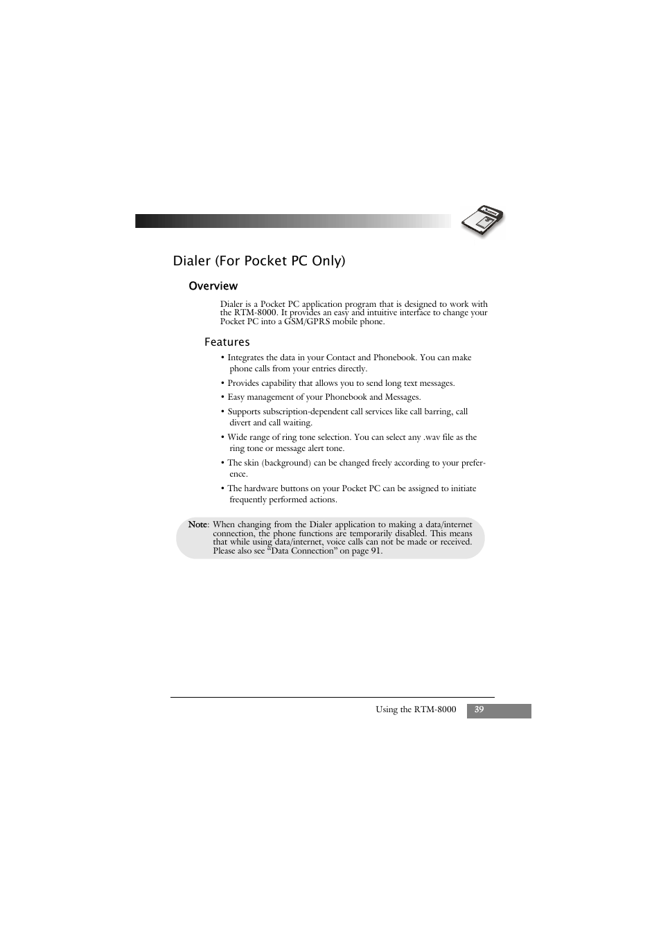 Dialer (for pocket pc only), Overview, Features | Keys Fitness GSM/GPRS Compact Flash Card RTM-8000 User Manual | Page 49 / 112