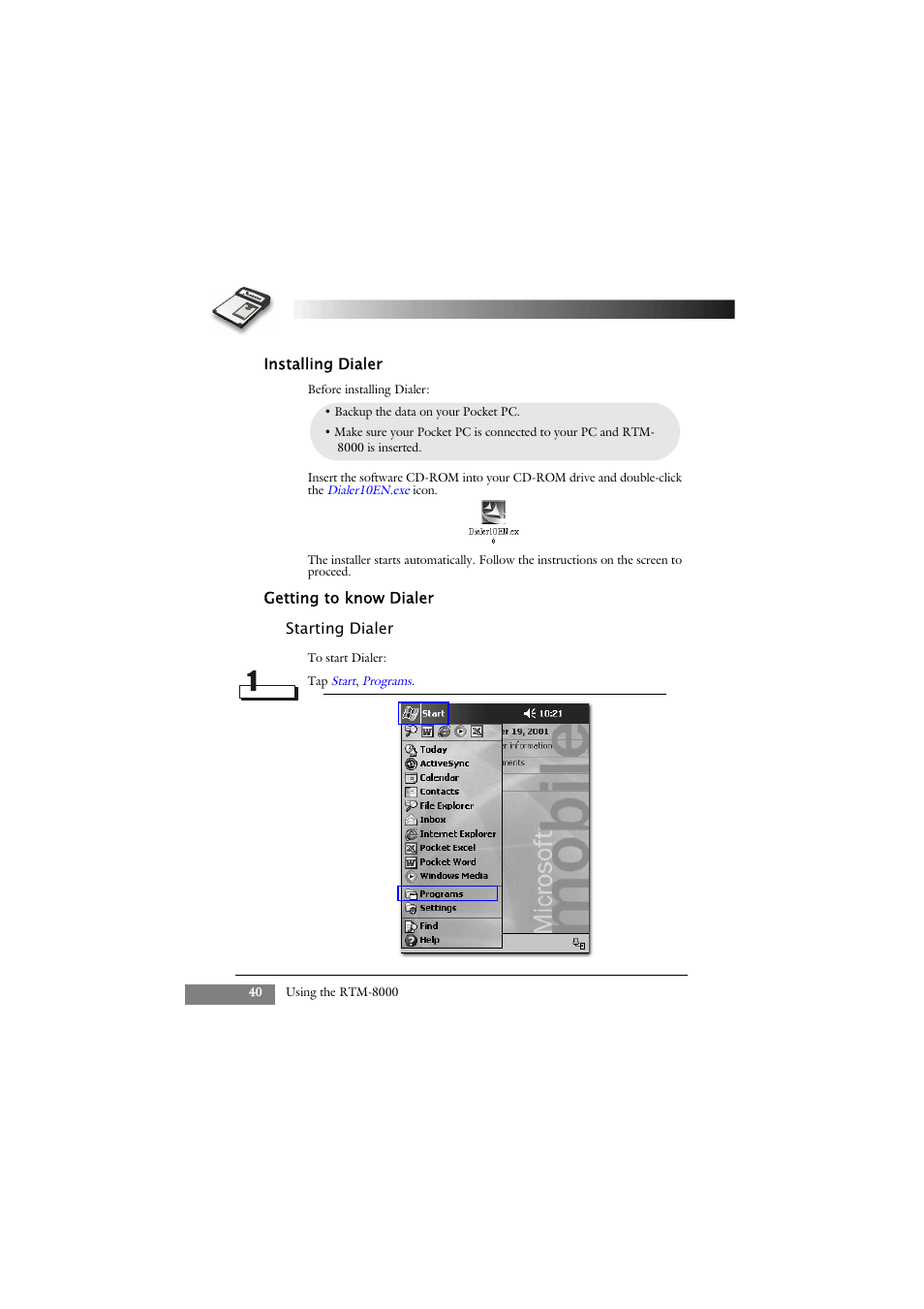 Installing dialer, Getting to know dialer, Starting dialer | Keys Fitness GSM/GPRS Compact Flash Card RTM-8000 User Manual | Page 50 / 112