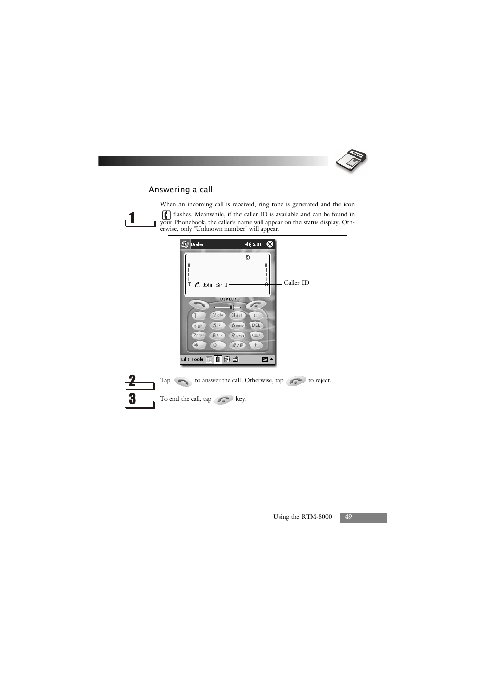 Answering a call | Keys Fitness GSM/GPRS Compact Flash Card RTM-8000 User Manual | Page 59 / 112