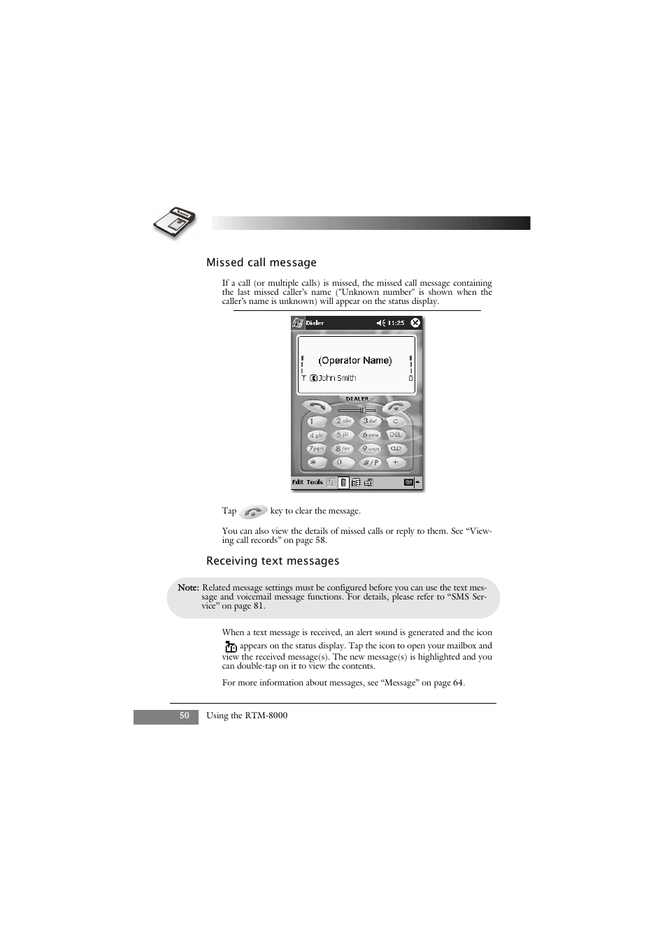 Missed call message, Receiving text messages | Keys Fitness GSM/GPRS Compact Flash Card RTM-8000 User Manual | Page 60 / 112