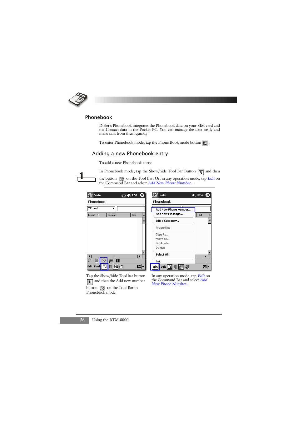 Phonebook, Adding a new phonebook entry | Keys Fitness GSM/GPRS Compact Flash Card RTM-8000 User Manual | Page 66 / 112