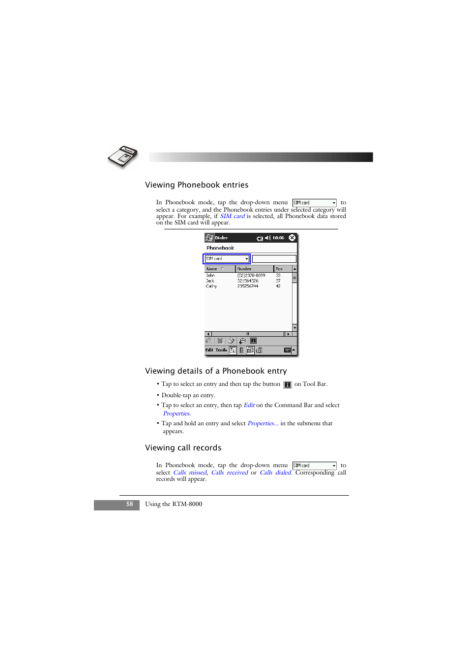 Viewing phonebook entries, Viewing details of a phonebook entry, Viewing call records | Keys Fitness GSM/GPRS Compact Flash Card RTM-8000 User Manual | Page 68 / 112