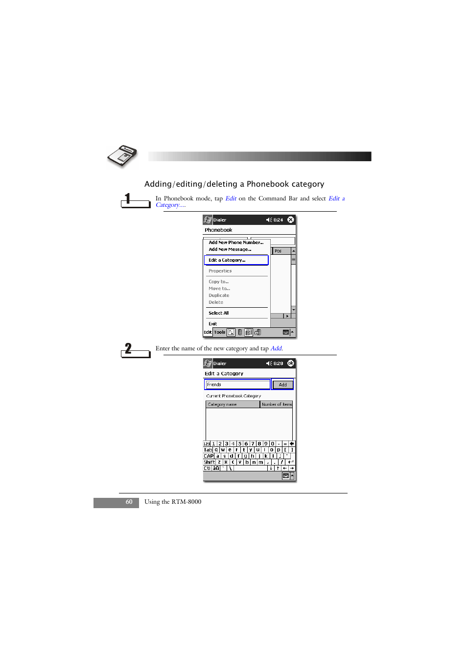 Adding/editing/deleting a phonebook category | Keys Fitness GSM/GPRS Compact Flash Card RTM-8000 User Manual | Page 70 / 112