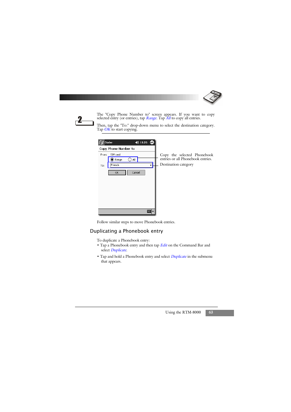 Duplicating a phonebook entry | Keys Fitness GSM/GPRS Compact Flash Card RTM-8000 User Manual | Page 73 / 112