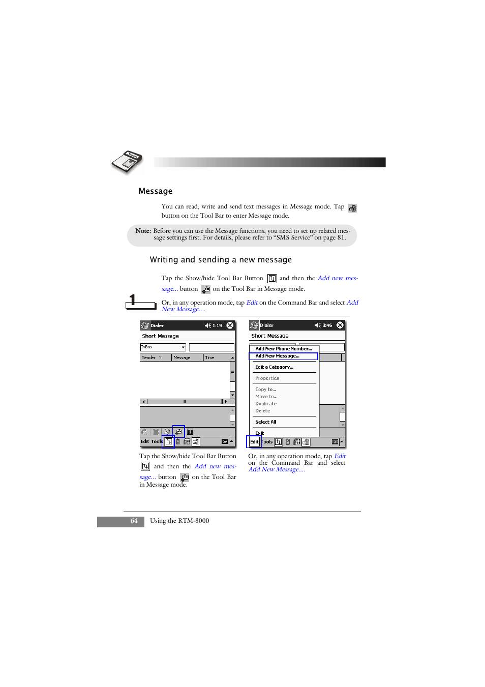 Message, Writing and sending a new message | Keys Fitness GSM/GPRS Compact Flash Card RTM-8000 User Manual | Page 74 / 112