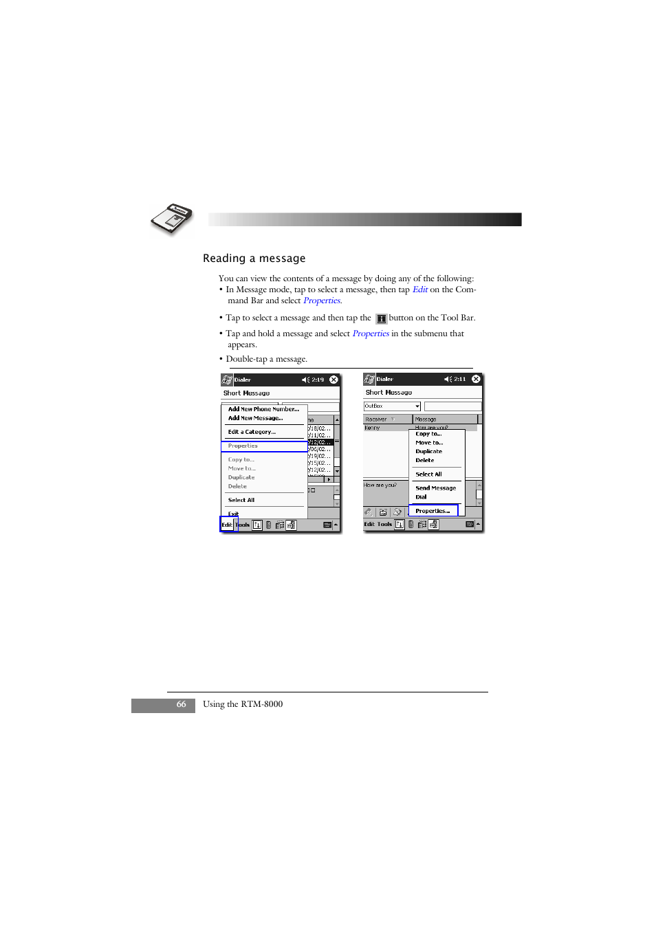 Reading a message | Keys Fitness GSM/GPRS Compact Flash Card RTM-8000 User Manual | Page 76 / 112