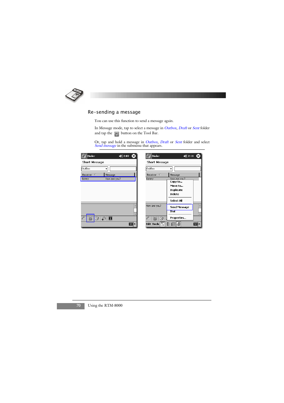 Re-sending a message | Keys Fitness GSM/GPRS Compact Flash Card RTM-8000 User Manual | Page 80 / 112