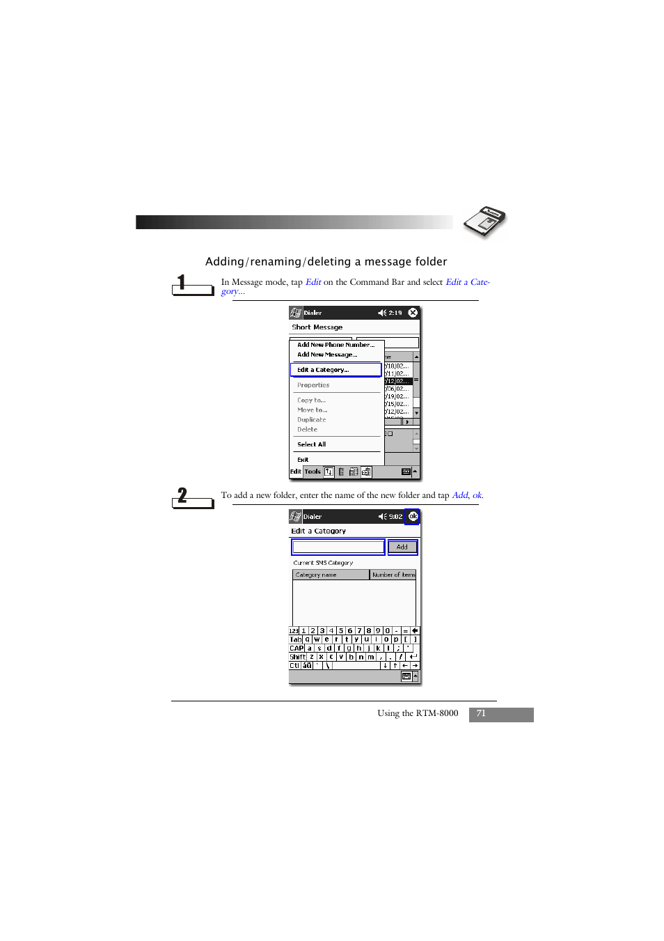 Adding/renaming/deleting a message folder | Keys Fitness GSM/GPRS Compact Flash Card RTM-8000 User Manual | Page 81 / 112