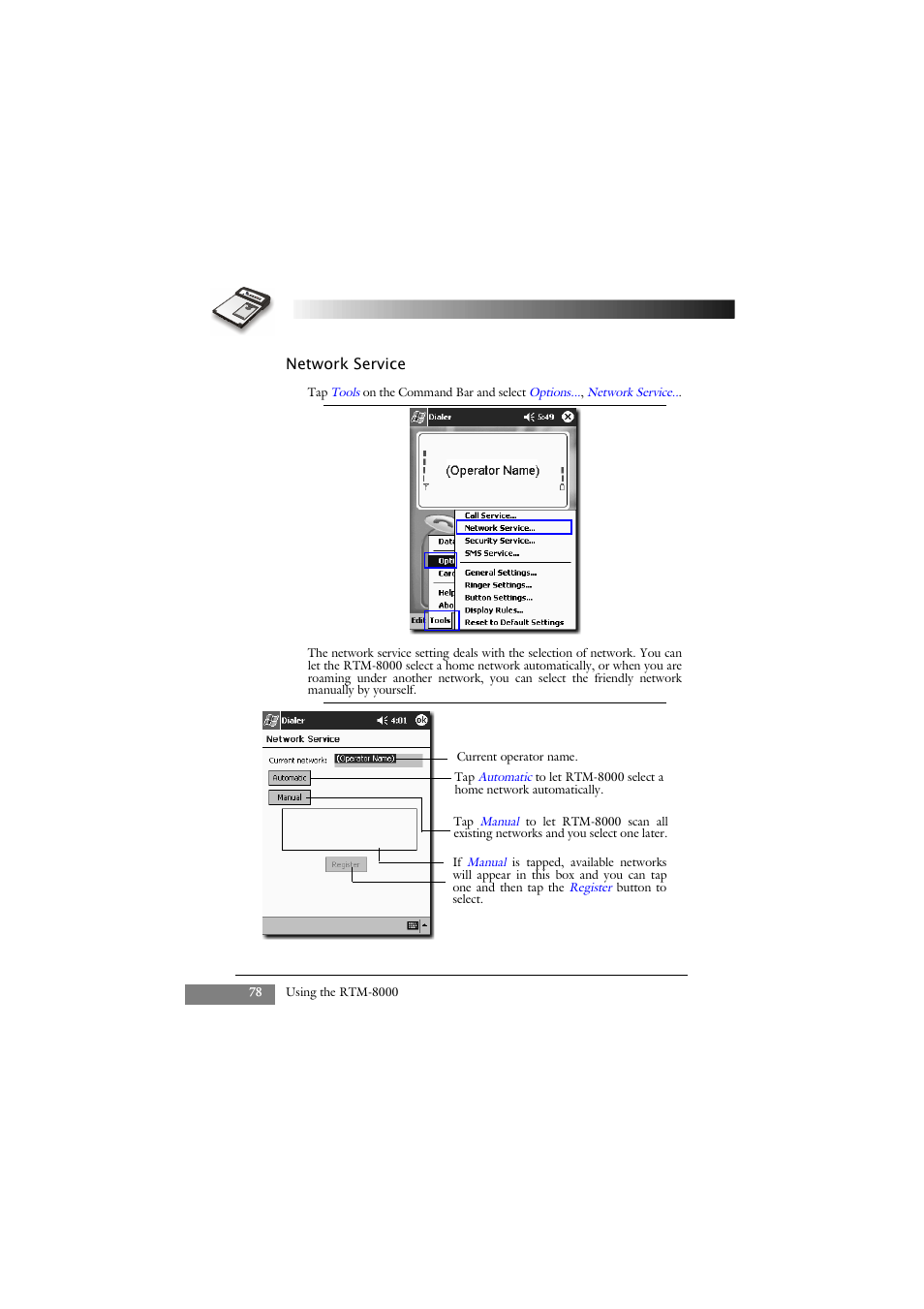 Network service | Keys Fitness GSM/GPRS Compact Flash Card RTM-8000 User Manual | Page 88 / 112