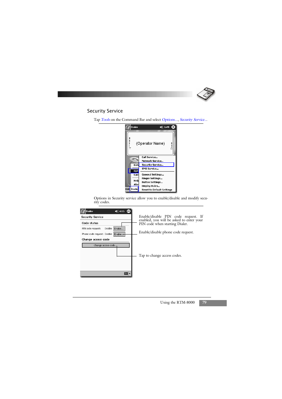 Security service | Keys Fitness GSM/GPRS Compact Flash Card RTM-8000 User Manual | Page 89 / 112