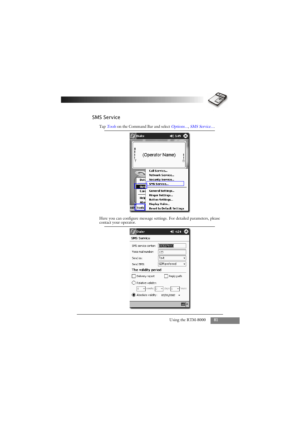 Sms service | Keys Fitness GSM/GPRS Compact Flash Card RTM-8000 User Manual | Page 91 / 112