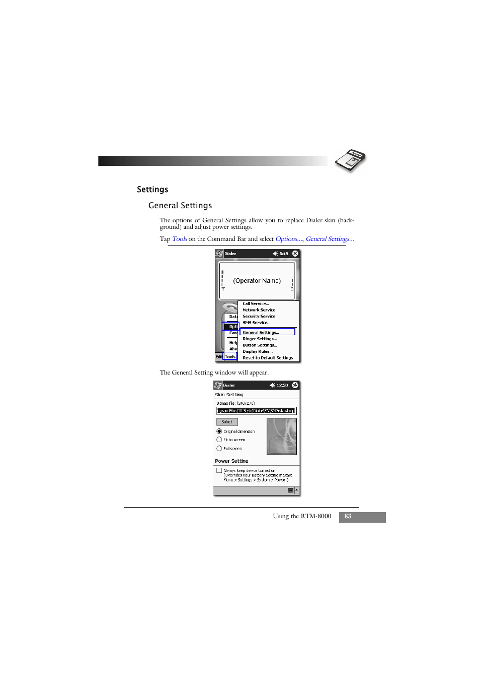 Settings, General settings | Keys Fitness GSM/GPRS Compact Flash Card RTM-8000 User Manual | Page 93 / 112