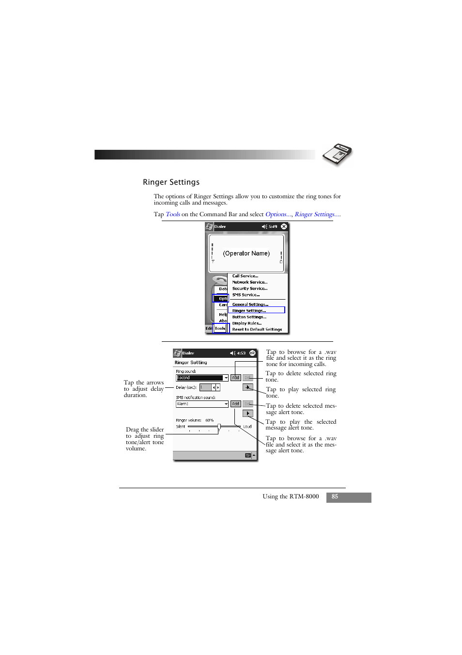 Ringer settings | Keys Fitness GSM/GPRS Compact Flash Card RTM-8000 User Manual | Page 95 / 112