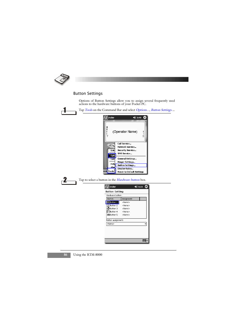 Button settings | Keys Fitness GSM/GPRS Compact Flash Card RTM-8000 User Manual | Page 96 / 112