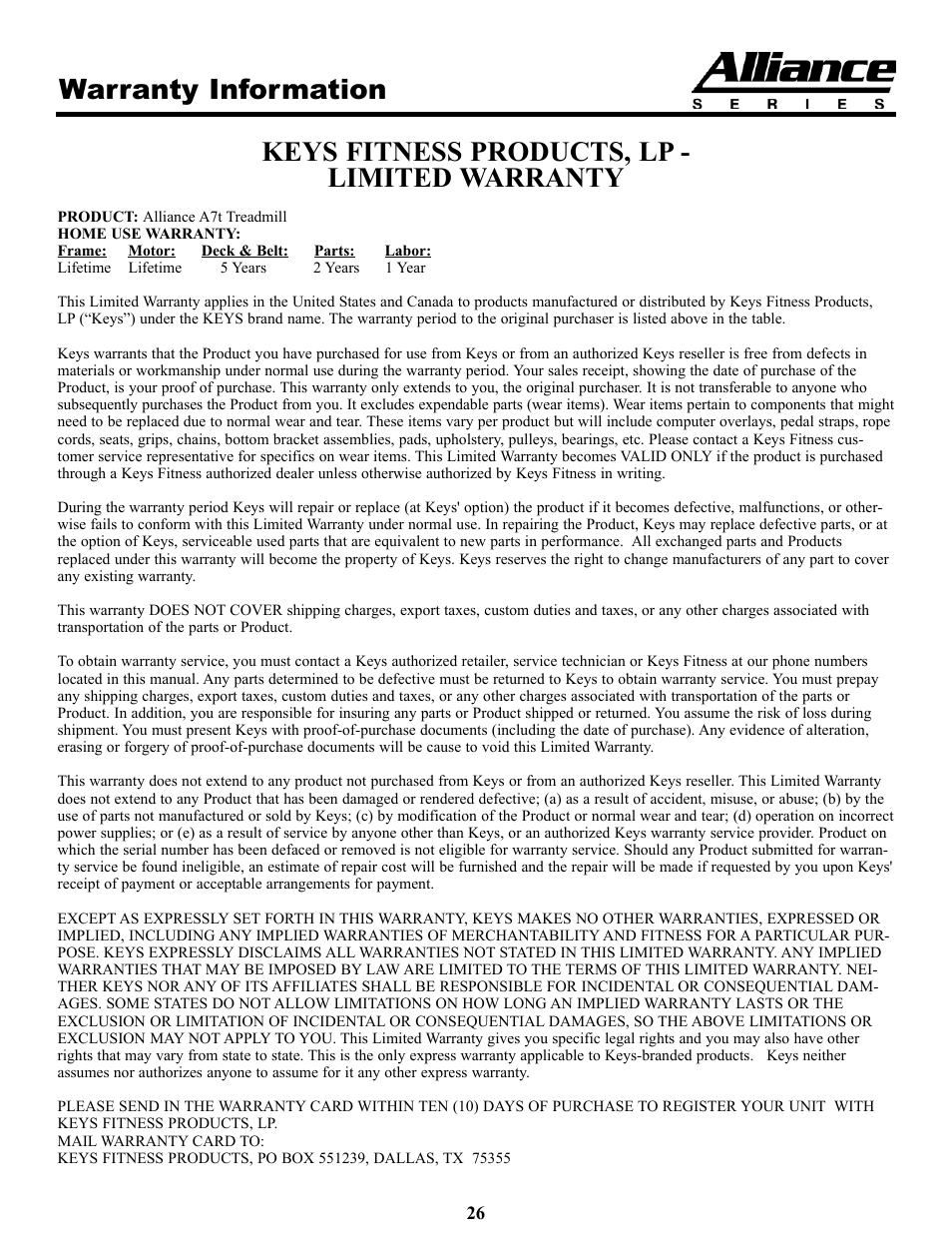 Warranty information, Keys fitness products, lp - limited warranty | Keys Fitness HT75t User Manual | Page 26 / 27