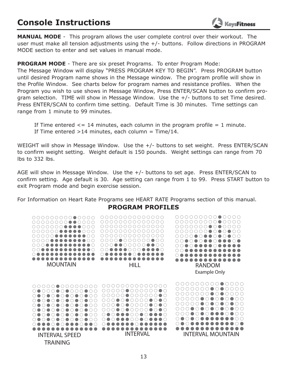 Console instructions | Keys Fitness CG2 User Manual | Page 13 / 23