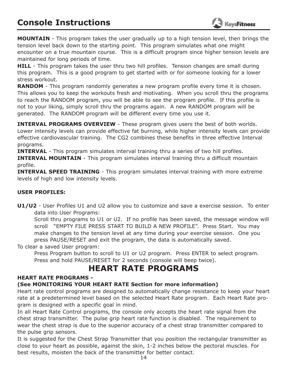 Console instructions, Heart rate programs | Keys Fitness CG2 User Manual | Page 14 / 23