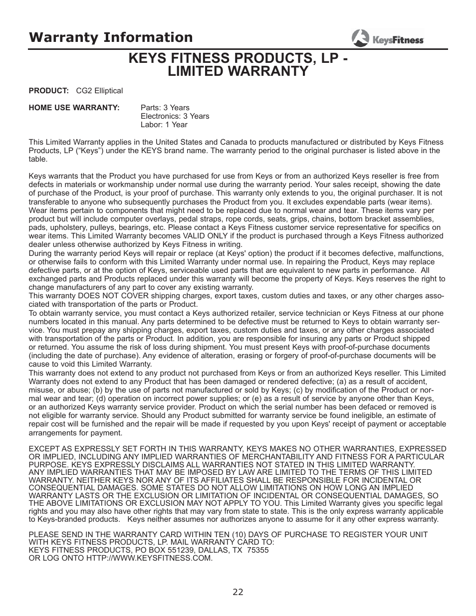 Keys fitness products, lp - limited warranty, Warranty information | Keys Fitness CG2 User Manual | Page 22 / 23