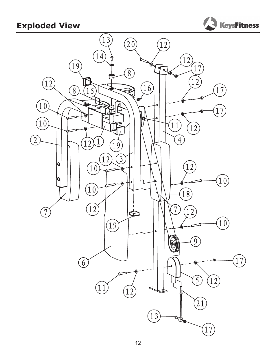 Exploded view | Keys Fitness Half Cage PeC Attachment KF-HCP User Manual | Page 12 / 14