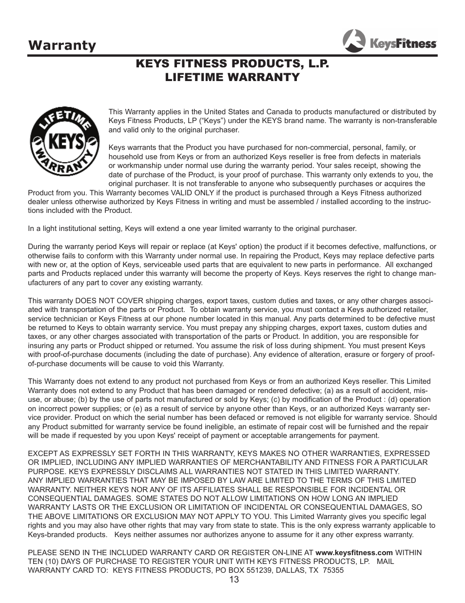 Warranty, Keys fitness products, l.p. lifetime warranty | Keys Fitness Half Cage PeC Attachment KF-HCP User Manual | Page 13 / 14