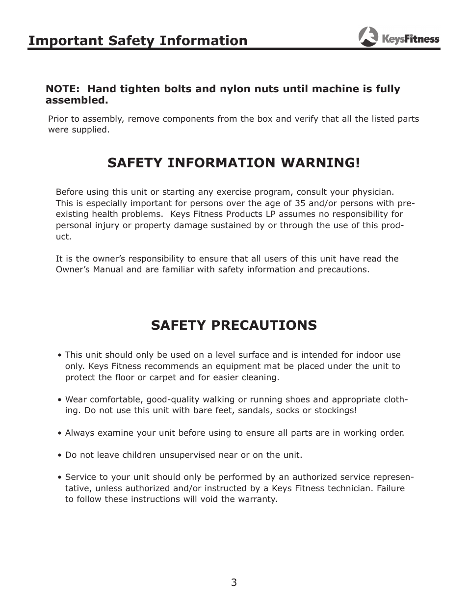 Important safety information, Safety information warning! safety precautions | Keys Fitness Half Cage PeC Attachment KF-HCP User Manual | Page 3 / 14