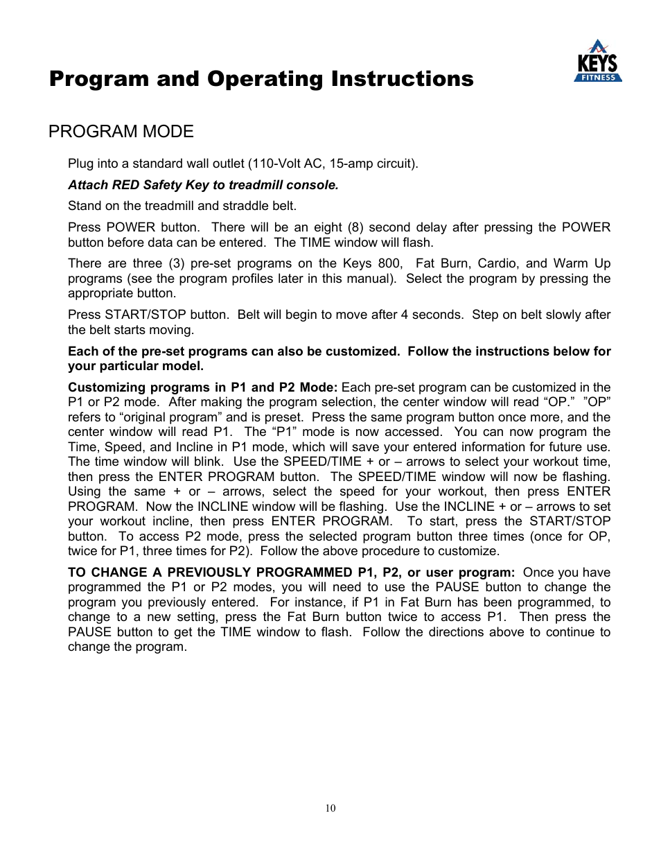 Program and operating instructions, Program mode | Keys Fitness KEYS800 User Manual | Page 10 / 17