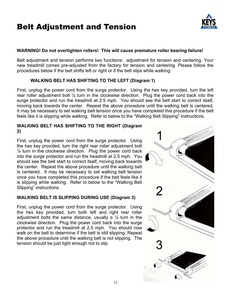 Belt adjustment and tension | Keys Fitness KEYS800 User Manual | Page 12 / 17