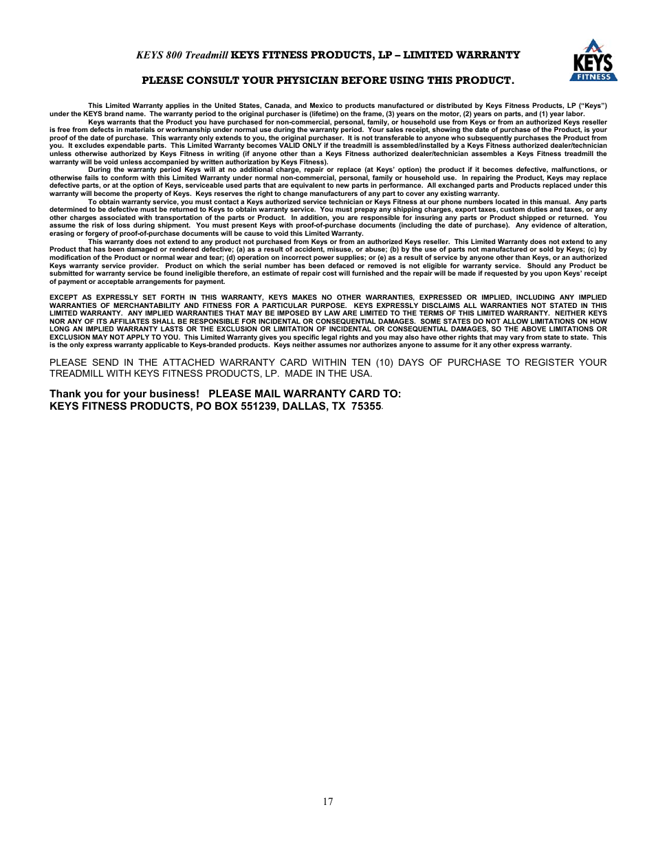Keys Fitness KEYS800 User Manual | Page 17 / 17