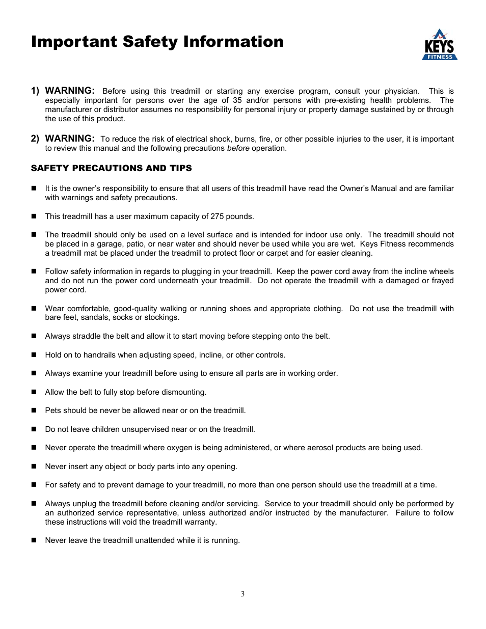 Important safety information | Keys Fitness KEYS800 User Manual | Page 3 / 17