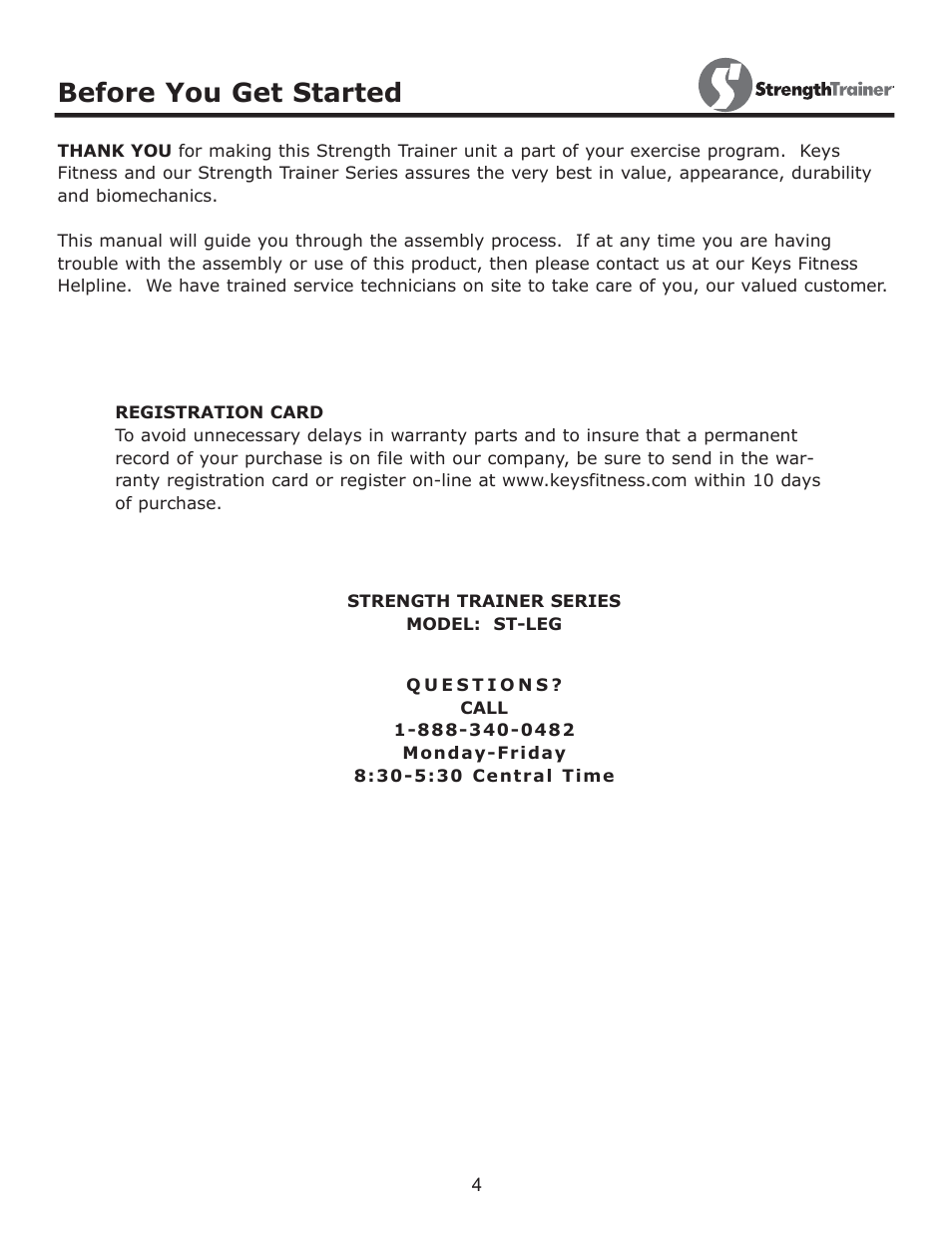 Before you get started | Keys Fitness Strength Trainer ST-LEG User Manual | Page 4 / 9