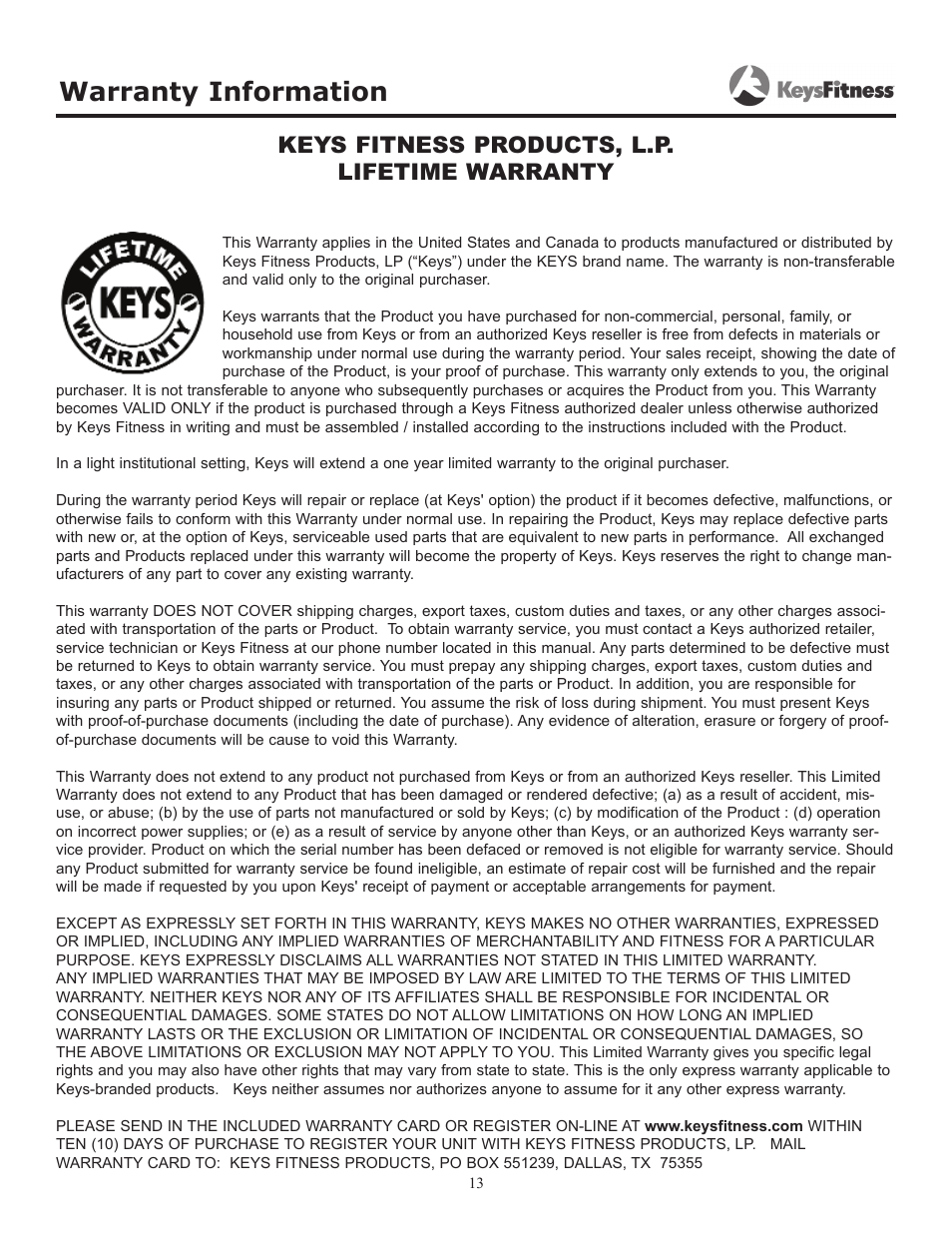 Warranty information, Keys fitness products, l.p. lifetime warranty | Keys Fitness KF-OB User Manual | Page 13 / 14