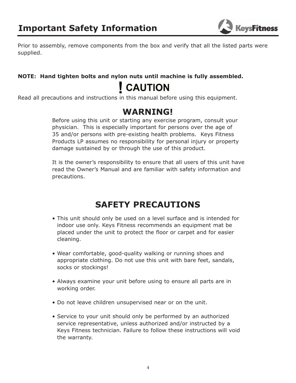 Important safety information, Warning, Safety precautions | Keys Fitness KF-OB User Manual | Page 4 / 14