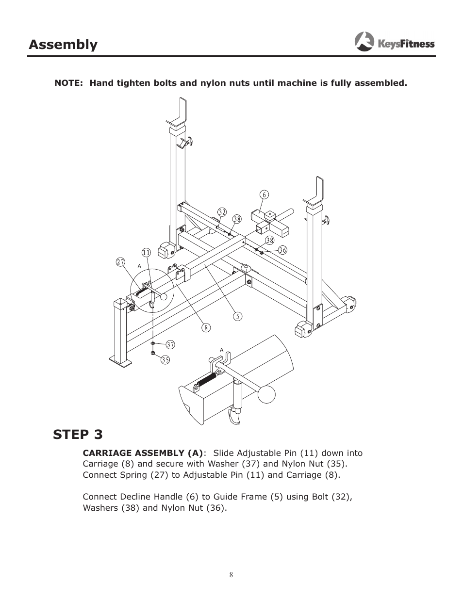 Step 3, Assembly step 3 | Keys Fitness KF-OB User Manual | Page 8 / 14
