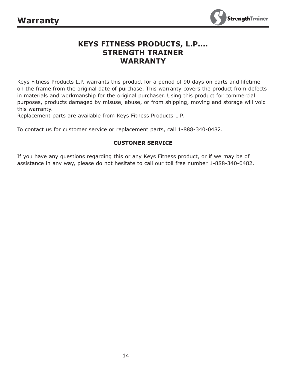 Warranty | Keys Fitness STRENGTH TRAINER ST-DFIDL User Manual | Page 14 / 15