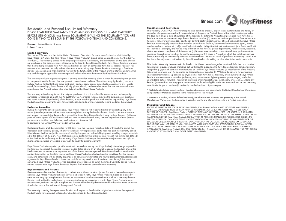 Warranty information, Residential and personal use limited warranty | Keys Fitness Stepper Machine E2-0 User Manual | Page 35 / 36