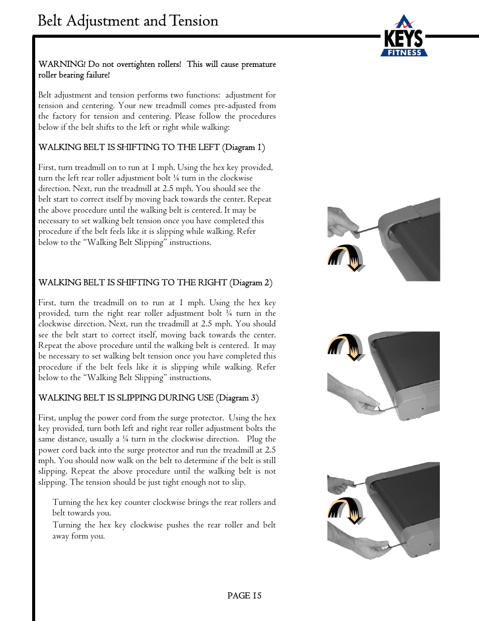Belt adjustment and tension | Keys Fitness EC3500HRC User Manual | Page 15 / 20