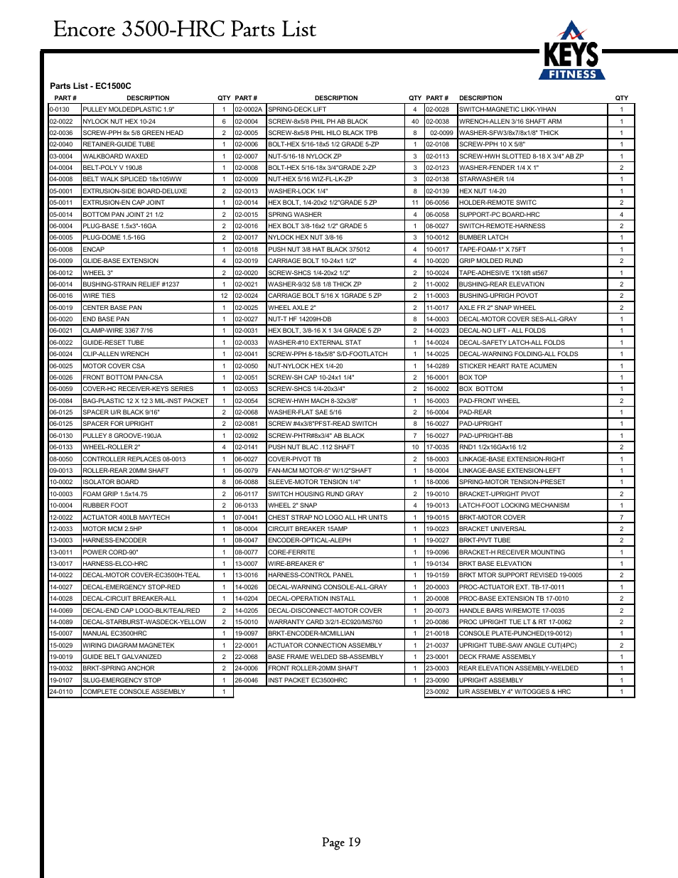 Encore 3500-hrc parts list, Page 19 | Keys Fitness EC3500HRC User Manual | Page 19 / 20
