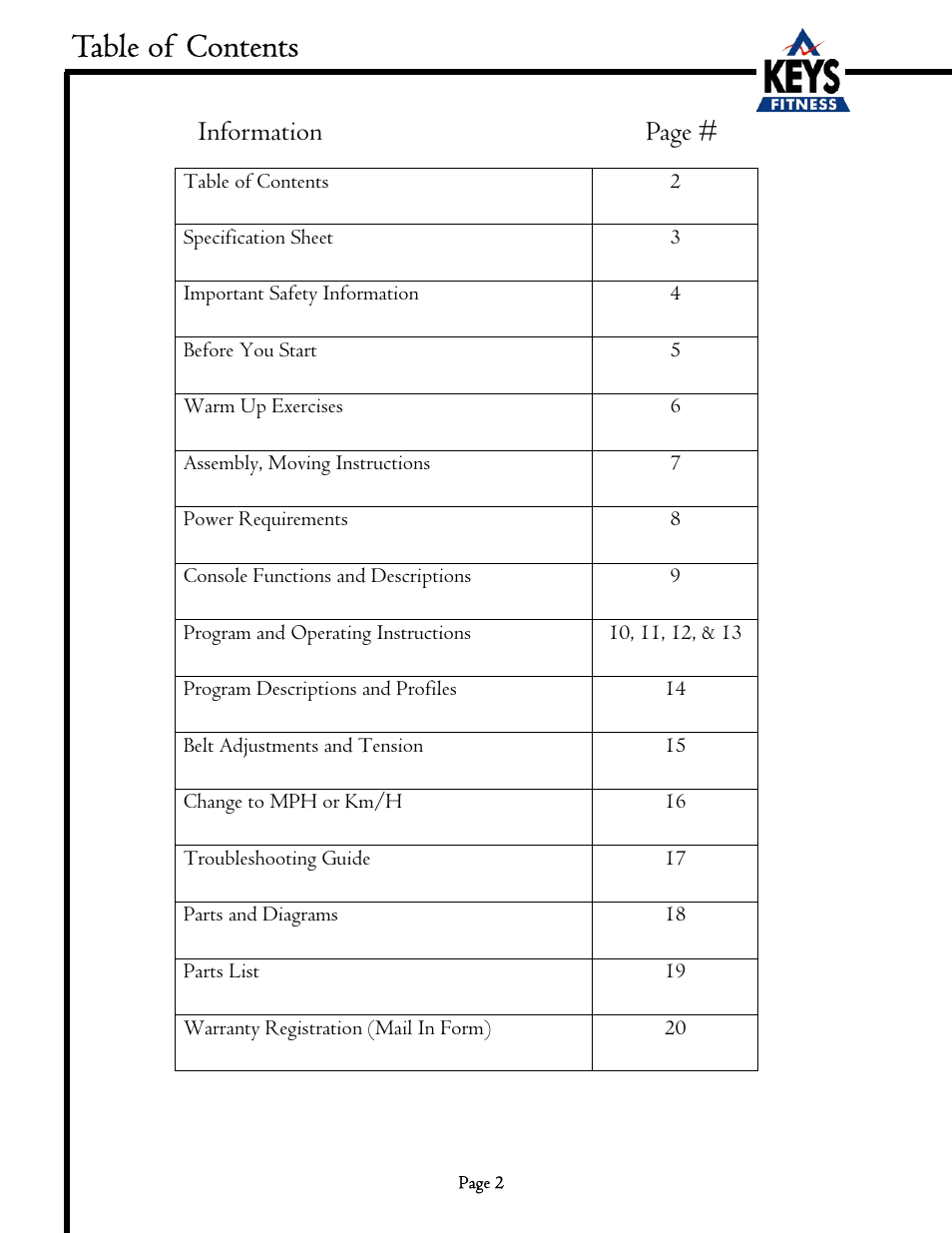 Keys Fitness EC3500HRC User Manual | Page 2 / 20