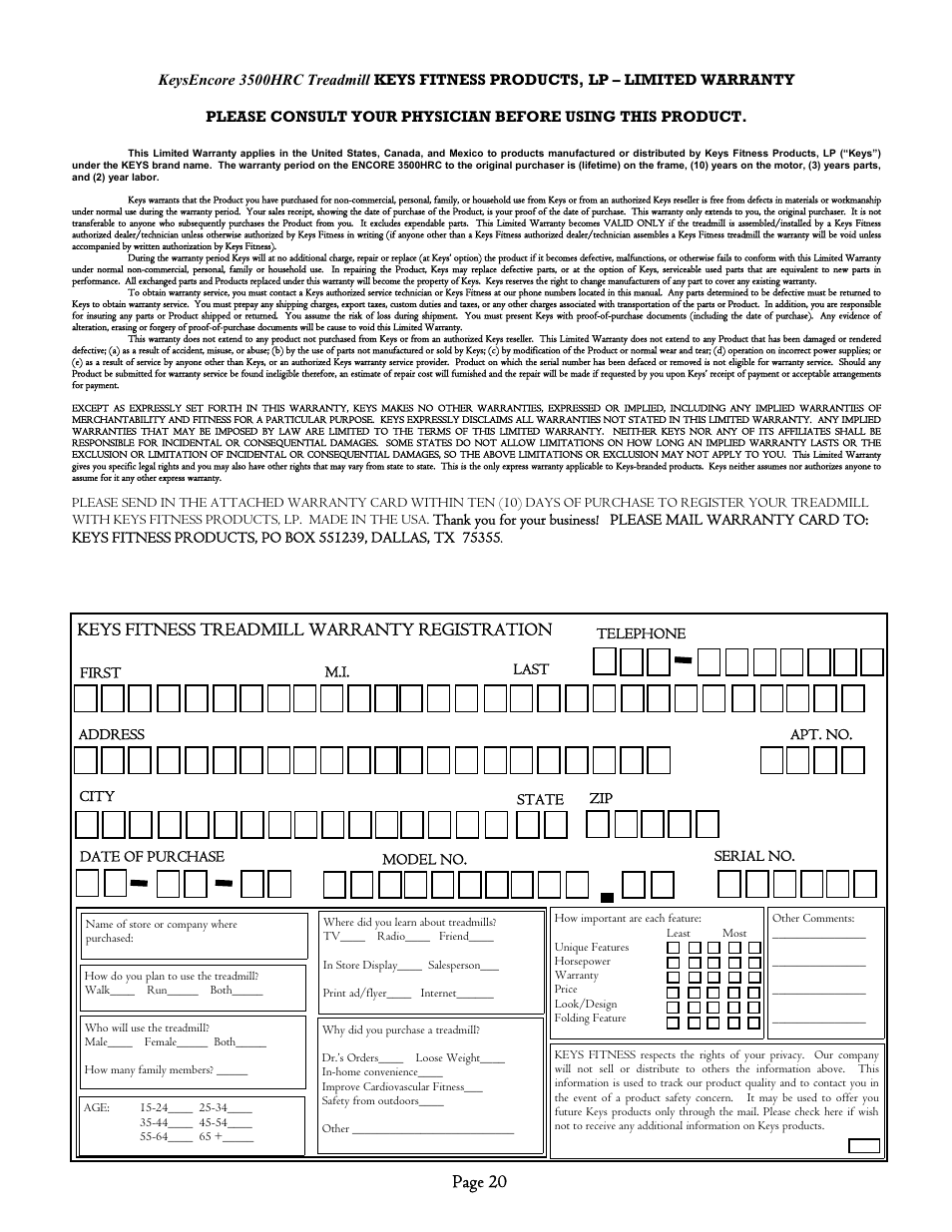 Keys fitness treadmill warranty registration, Page 20 | Keys Fitness EC3500HRC User Manual | Page 20 / 20