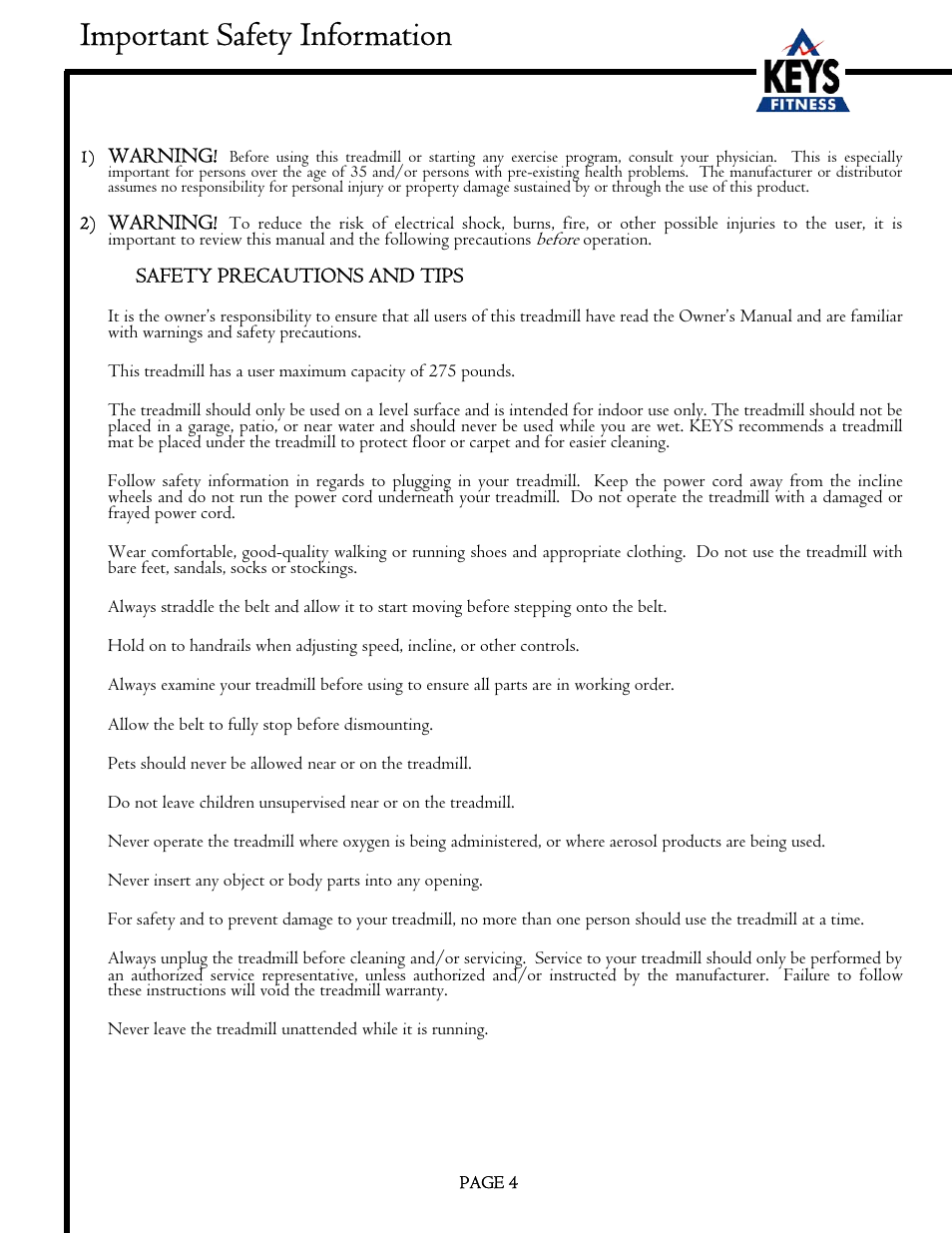 Important safety information | Keys Fitness EC3500HRC User Manual | Page 4 / 20