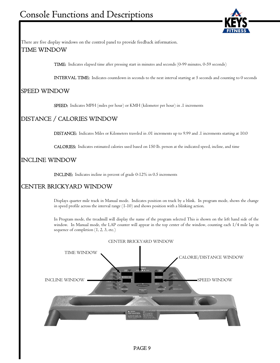 Console functions and descriptions | Keys Fitness EC3500HRC User Manual | Page 9 / 20