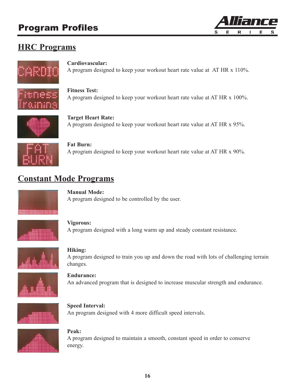 Program profiles, Constant mode programs hrc programs | Keys Fitness A7r User Manual | Page 16 / 25