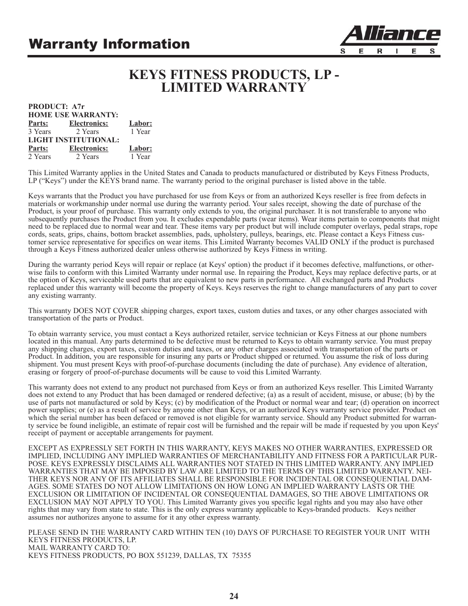 Warranty information, Keys fitness products, lp - limited warranty | Keys Fitness A7r User Manual | Page 24 / 25