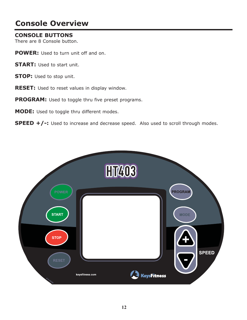 Console overview | Keys Fitness HT403T User Manual | Page 12 / 22